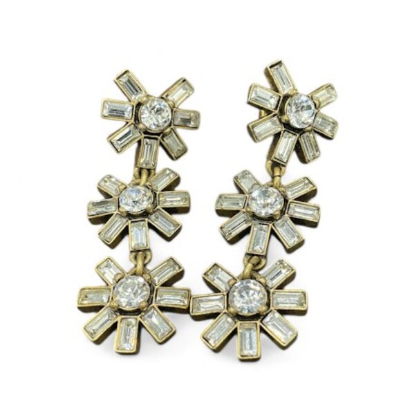 J.Crew Crystal Floral Drop Antiqued Gold Dangle Drop Earrings Long Runway - Picture 4 of 11